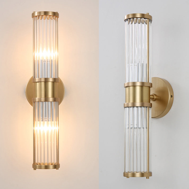 Gold Cylindrical Wall Sconce in Modern Luxury Style Copper Indoor Wall Light with Crystal Shade