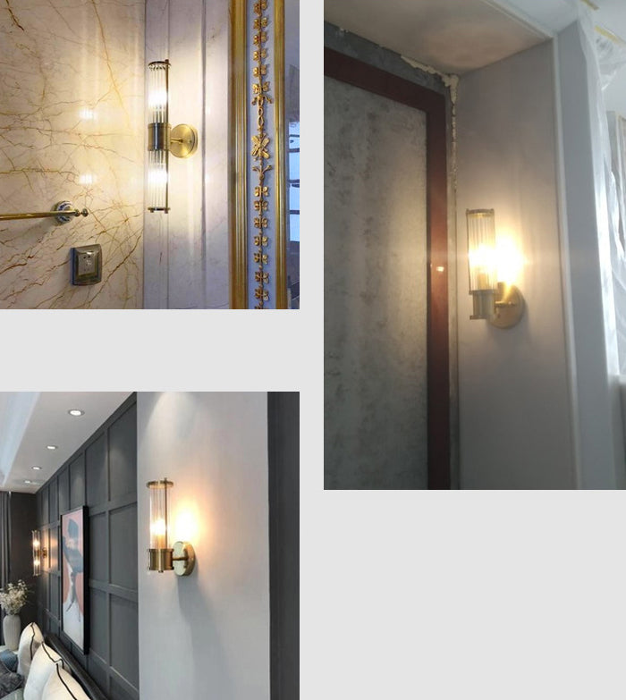 Gold Cylindrical Wall Sconce in Modern Luxury Style Copper Indoor Wall Light with Crystal Shade