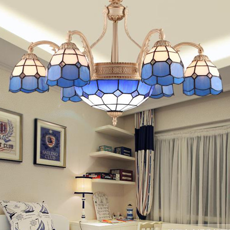 Yellow/Blue Grid Patterned Chandelier Lighting Baroque 9/11 Lights Hand Cut Glass Pendant Lamp for Bedroom