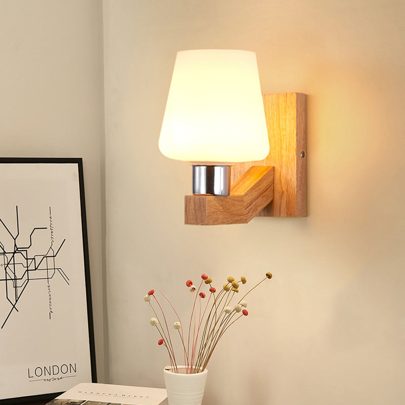 Wooden Shaded Wall Sconce Lighting Simplicity Style White Wall Mount Light Fixture