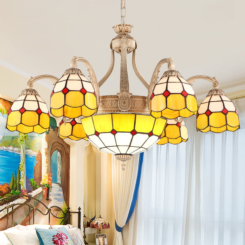 Yellow/Blue Grid Patterned Chandelier Lighting Baroque 9/11 Lights Hand Cut Glass Pendant Lamp for Bedroom