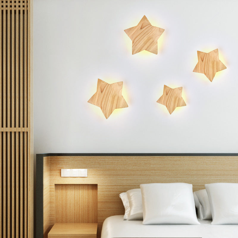 Modern LED Sconce Light Fixture Wood Star-Shaped Wall Sconce Lighting with Wooden Shade