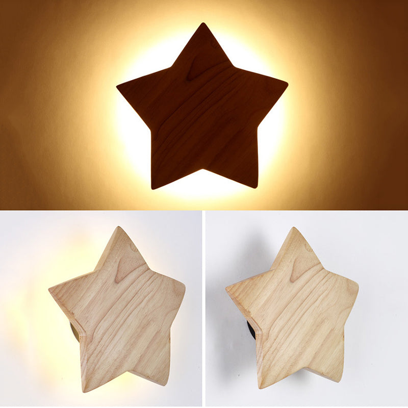 Modern LED Sconce Light Fixture Wood Star-Shaped Wall Sconce Lighting with Wooden Shade
