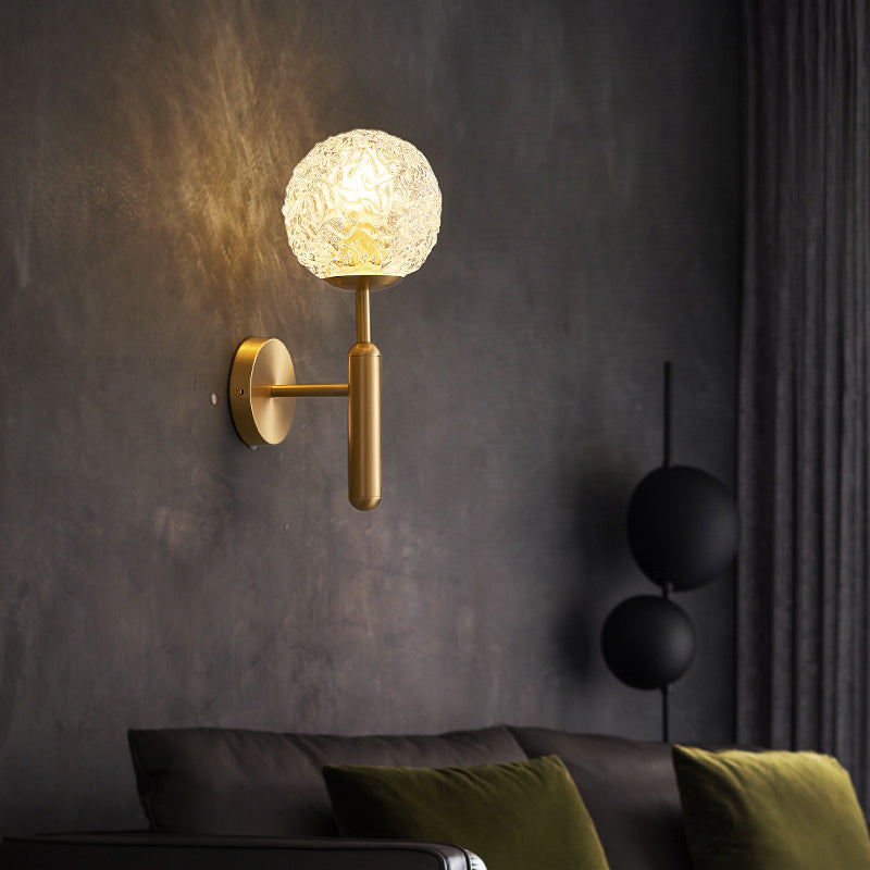 Gold Globe Hanging Wall Sconce in Modern Artistic Style Copper Indoor Wall Lamp with Ripple Crystal Shade
