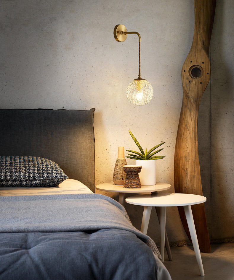 Gold Globe Hanging Wall Sconce in Modern Artistic Style Copper Indoor Wall Lamp with Ripple Crystal Shade