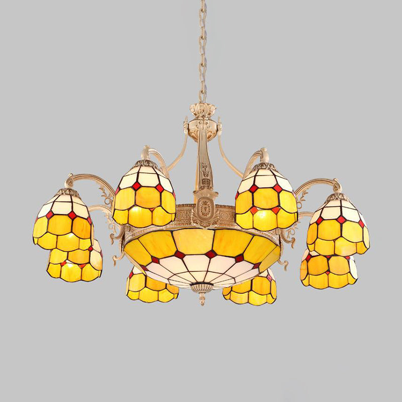 Yellow/Blue Grid Patterned Chandelier Lighting Baroque 9/11 Lights Hand Cut Glass Pendant Lamp for Bedroom