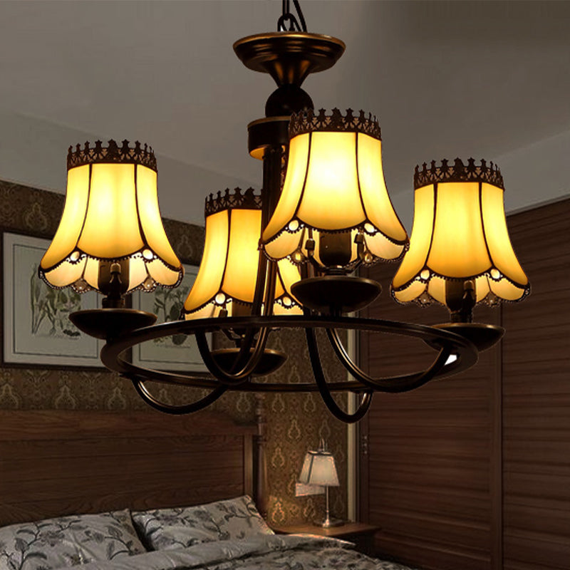 Baroque Bell Shade Chandelier Light Fixture 4/6/8 Lights Beige Glass Hanging Lamp Kit in Black