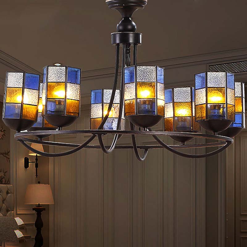 Stained Glass Blue Chandelier Light Fixture Cylinder 4/6/8 Lights Mediterranean Pendant Lighting for Dining Room