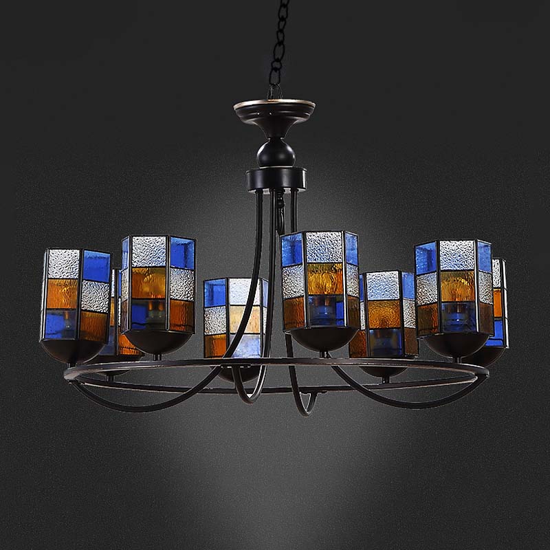 Verre en verre bleu lustre luminaire Cylindre 4/6/8 Lumières Éclairage pendentif méditerranéen pour salle à manger