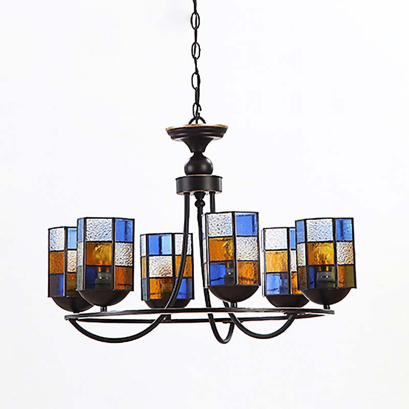 Stained Glass Blue Chandelier Light Fixture Cylinder 4/6/8 Lights Mediterranean Pendant Lighting for Dining Room