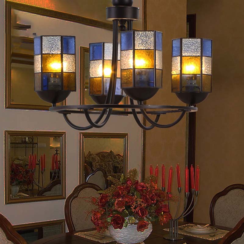 Stained Glass Blue Chandelier Light Fixture Cylinder 4/6/8 Lights Mediterranean Pendant Lighting for Dining Room