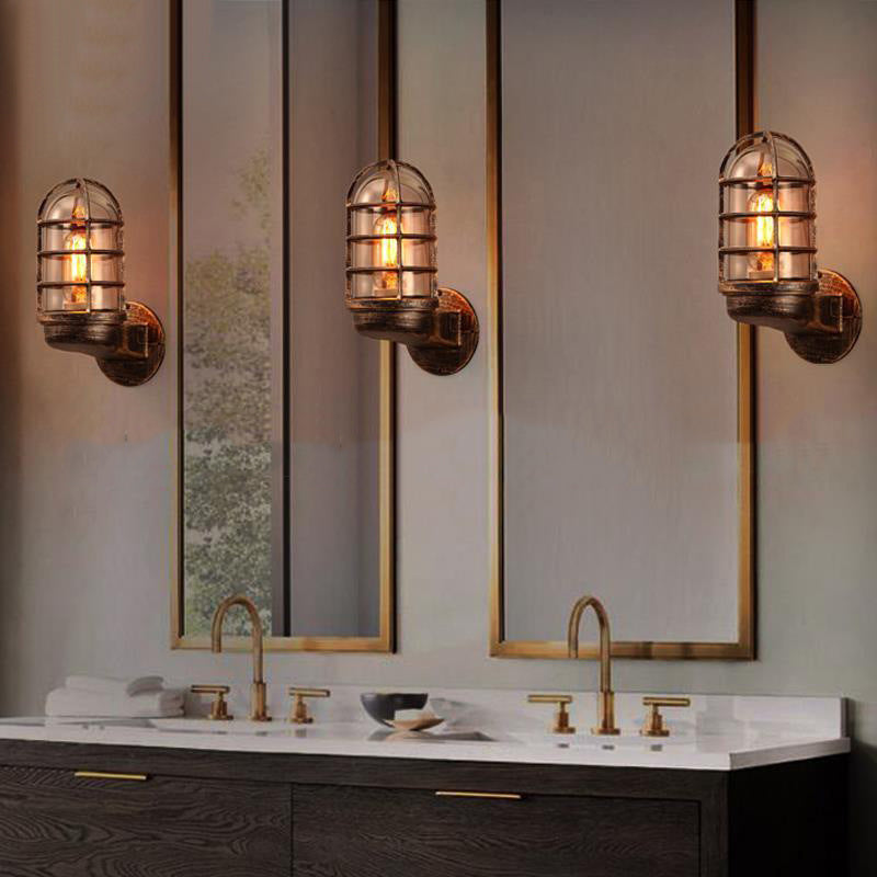 Antique Style Oval Wall Lamp 1-Light Clear Glass Sconce Light with Cage for Bathroom