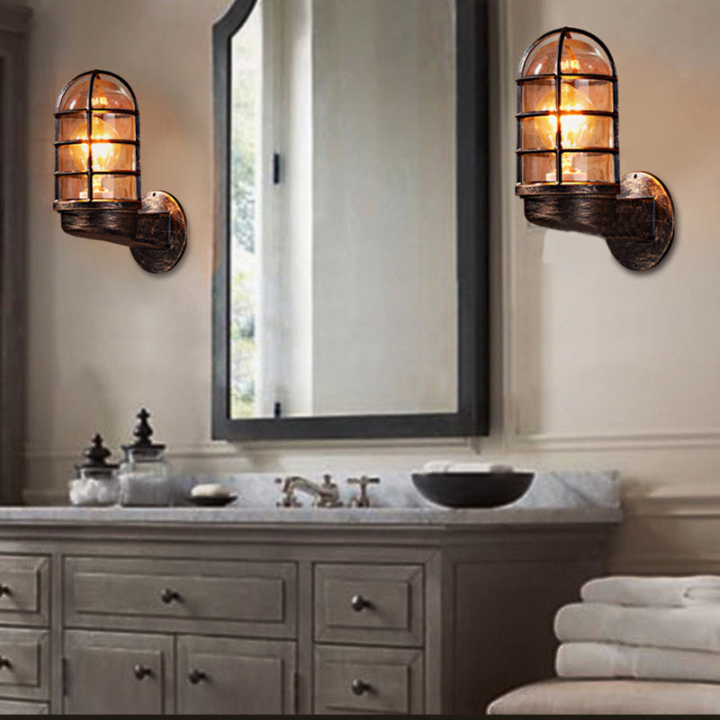 Antique Style Oval Wall Lamp 1-Light Clear Glass Sconce Light with Cage for Bathroom