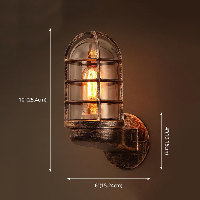 Antique Style Oval Wall Lamp 1-Light Clear Glass Sconce Light with Cage for Bathroom