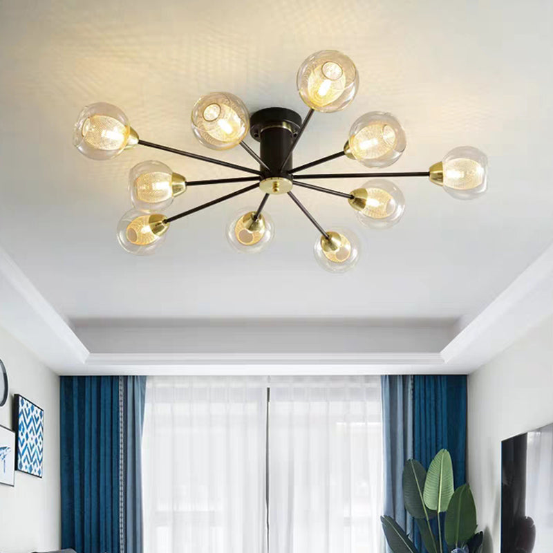 Kugel Bernsteinglas Halbflushbeleuchtung Moderne 10 Köpfe schwarze Deckenlampe mit radialem Design