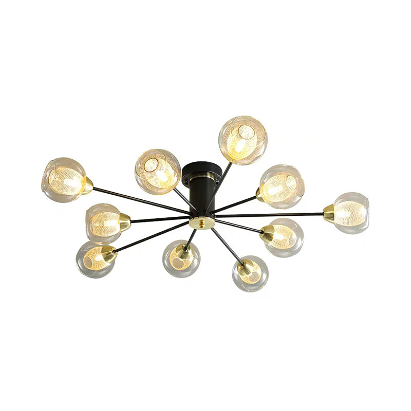 Kugel Bernsteinglas Halbflushbeleuchtung Moderne 10 Köpfe schwarze Deckenlampe mit radialem Design