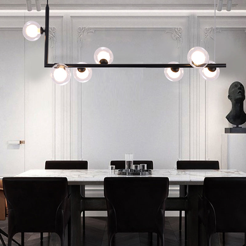 Contemporary Ball Clear Glass Island Lighting 7 Lights LED Suspension Pendant Lamp in Black with Right Angle Arm