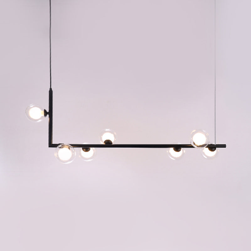 Contemporary Ball Clear Glass Island Lighting 7 Lights LED Suspension Pendant Lamp in Black with Right Angle Arm