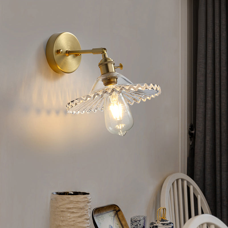 Brass Contemporary Armed Wall Mounted Light Fixture 1-Light Glass Sconce Light for Bedroom