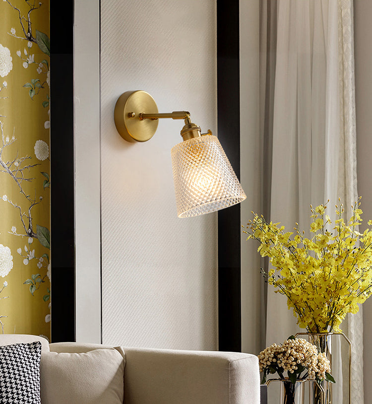 Brass Contemporary Armed Wall Mounted Light Fixture 1-Light Glass Sconce Light for Bedroom