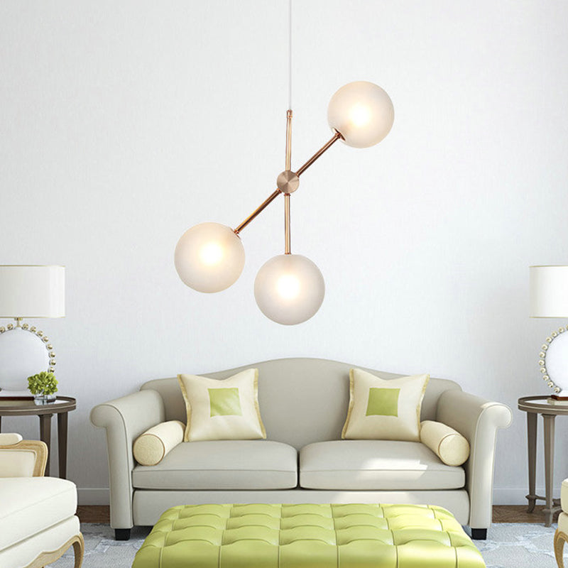 Modernistische 3 koppen LED Kroonluchter Lamp armatuur Roségoud Globaal Hanghangend Licht met Wit Frosted Glass Shade
