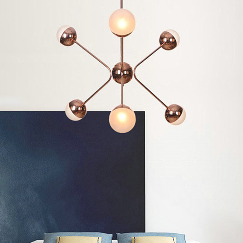 6 Lights Bedroom Hanging Ceiling Lamp Contemporary Rose Gold LED Chandelier with Modo Amber Glass Shade
