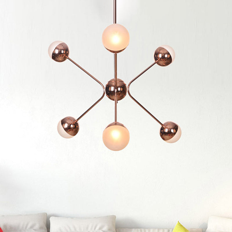 6 Lights Bedroom Hanging Ceiling Lamp Contemporary Rose Gold LED Chandelier with Modo Amber Glass Shade