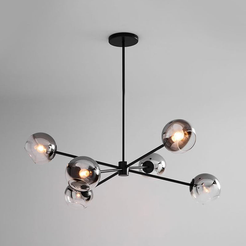 Black Round Hanging Chandelier Modernisme 6 têtes Plafond de pendentif en verre gris avec design étoile