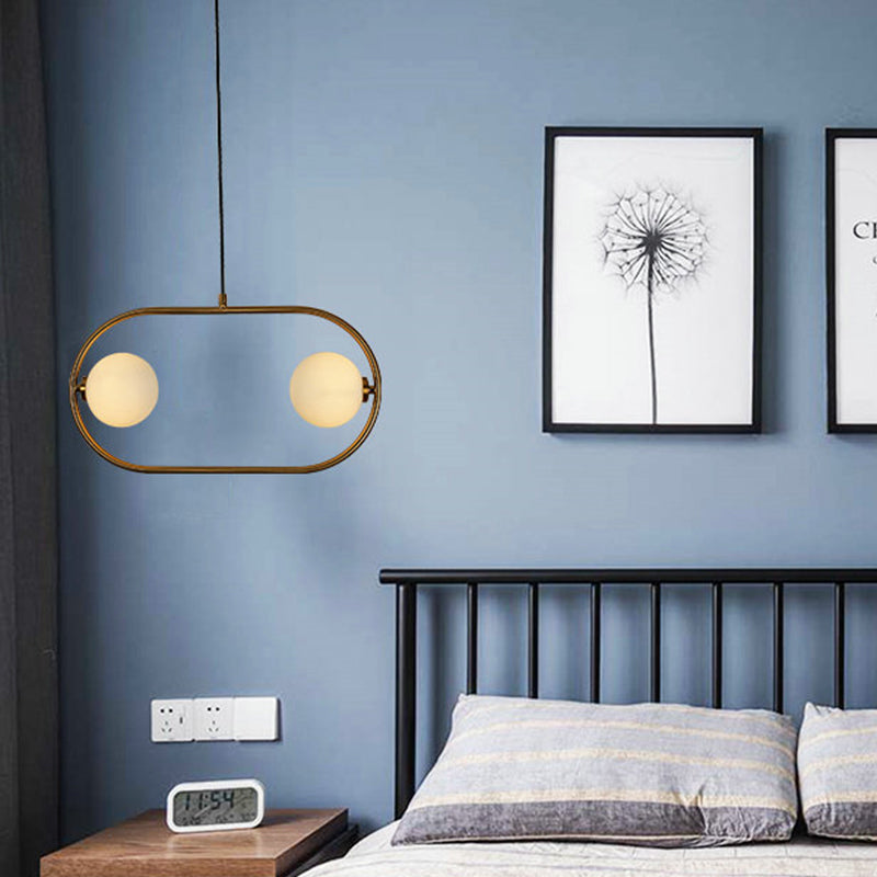 Modern Globe Hanging Chandelier Frosted Glass 2 Bulbs Bedroom LED Ceiling Pendant Light in Gold