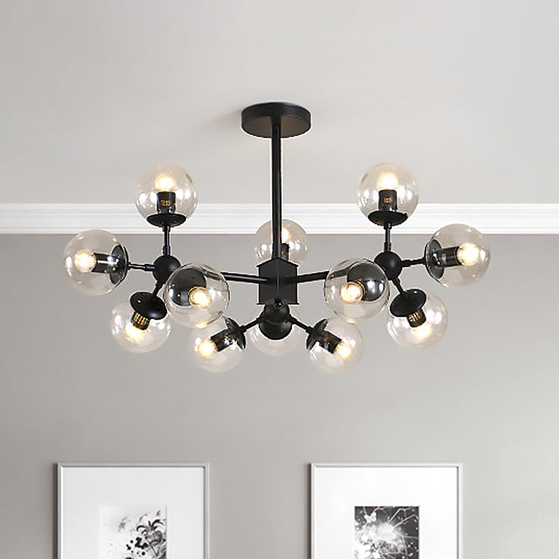 Modern 8/12 Heads Ceiling Chandelier Black Sphere Hanging Light Fixture with Clear Glass Shade