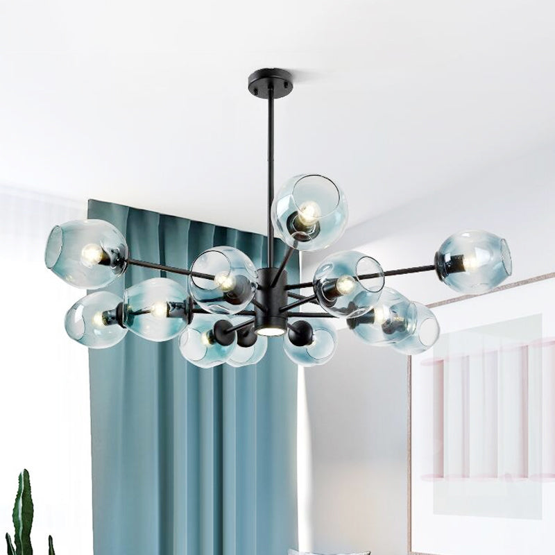 Cup Pendant Chandelier Contemporary Blue Glass 12 Heads Living Room Hanging Ceiling Light