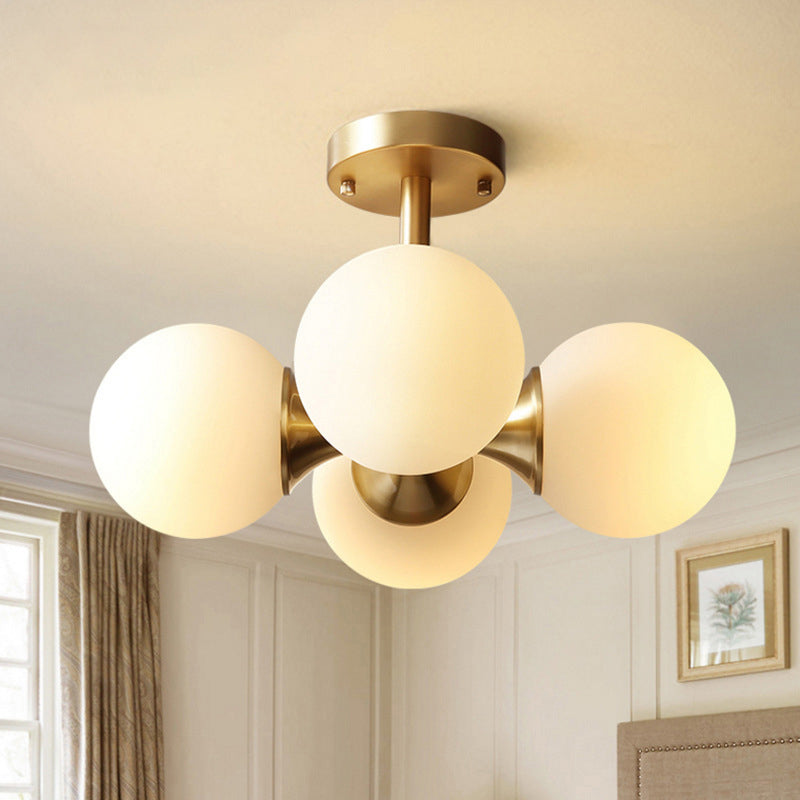 Gold Ball Semi Flush Light Contemporary 4 Heads Milky Glass Close to Ceiling Lamp