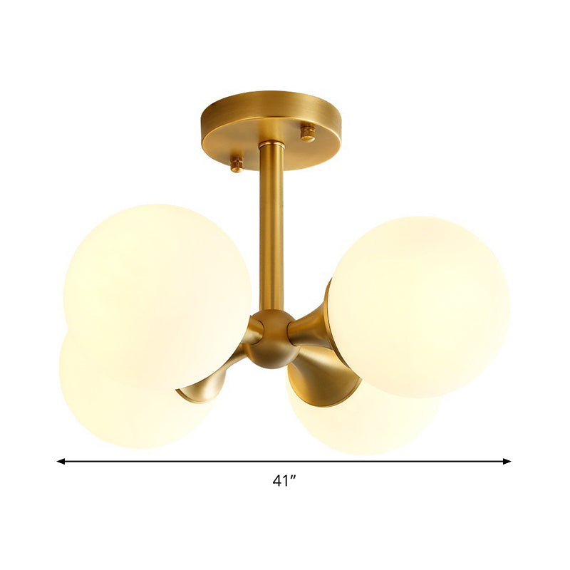 Gold Ball Semi Flush Light Contemporary 4 Heads Milky Glass Close to Ceiling Lamp