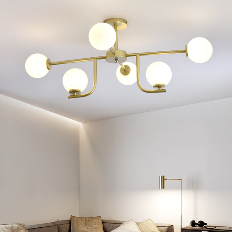 Global Semi Flush Mount Modernisme Verre Blanc 6 Ampoules Plafonnier Doré