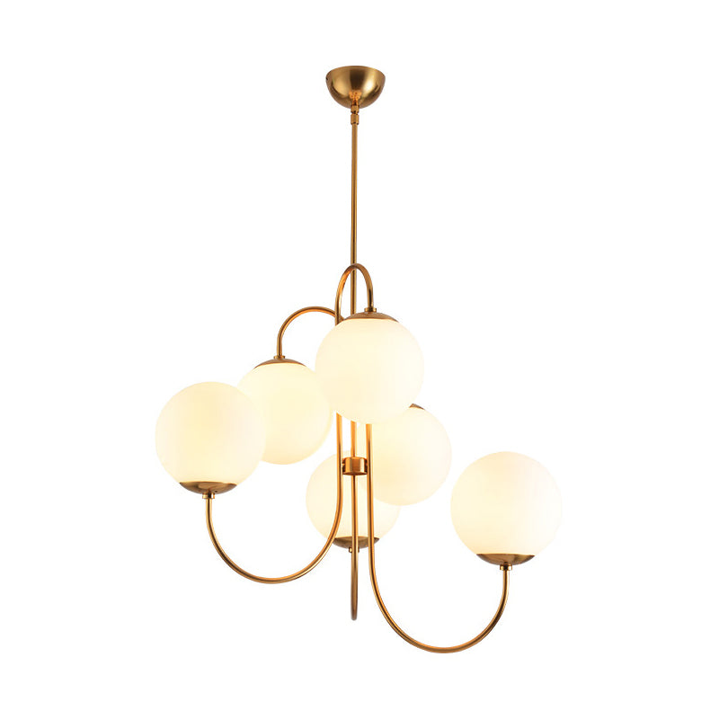 Modern 6 Heads Hanging Chandelier Gold Round Ceiling Pendant Light with White Glass Shade