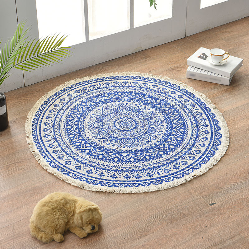 Round Color Mixed Home Decoration Carpet Moroccan Symmetrical Pattern Area Rug Cotton with Fringe Rug