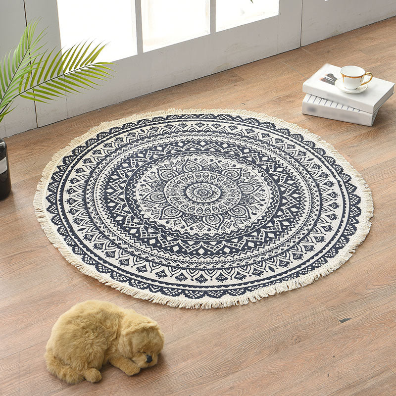 Round Color Mixed Home Decoration Carpet Moroccan Symmetrical Pattern Area Rug Cotton with Fringe Rug