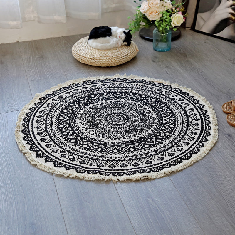 Round Color Mixed Home Decoration Carpet Moroccan Symmetrical Pattern Area Rug Cotton with Fringe Rug