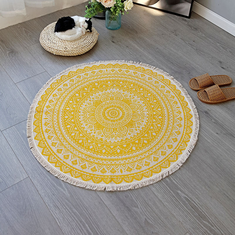 Round Color Mixed Home Decoration Carpet Moroccan Symmetrical Pattern Area Rug Cotton with Fringe Rug