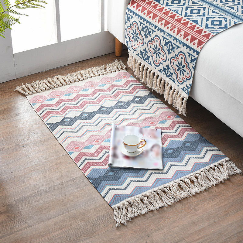 Alfombra con estampado de rayas contemporáneas, alfombra mezclada de algodón con flecos para decoración del hogar