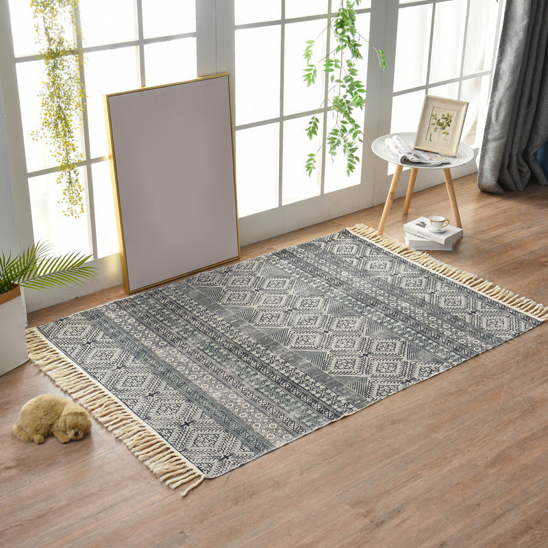 Alfombra con estampado de rayas contemporáneas, alfombra mezclada de algodón con flecos para decoración del hogar