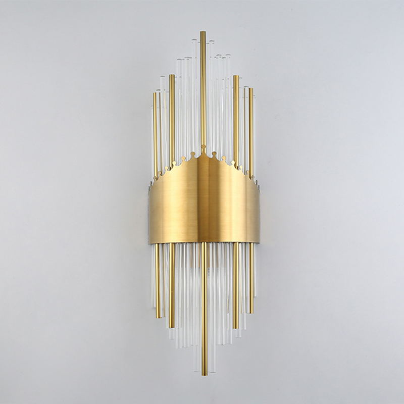 Fluted Crystal Flush Wall Sconce Postmodern Style 2-Bulb Gold Wall Lamp for Living Room