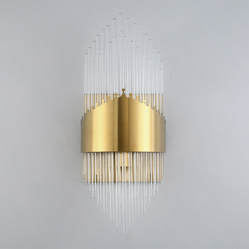 Fluted Crystal Flush Wall Sconce Postmodern Style 2-Bulb Gold Wall Lamp for Living Room