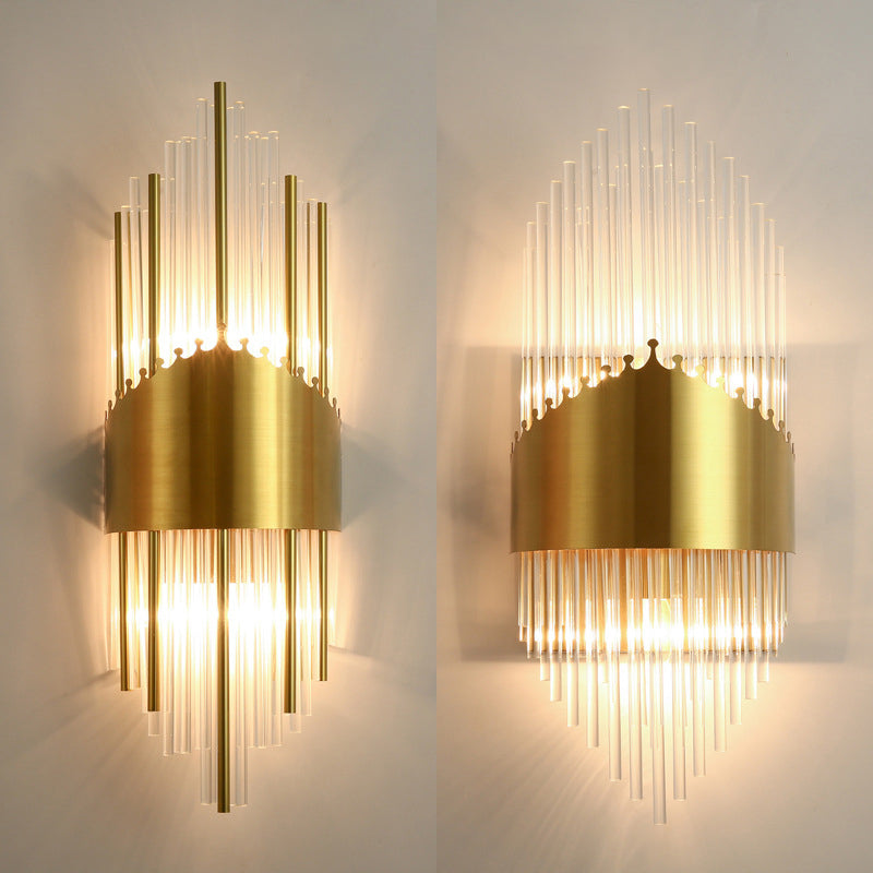 Fluted Crystal Flush Wall Sconce Postmodern Style 2-Bulb Gold Wall Lamp for Living Room