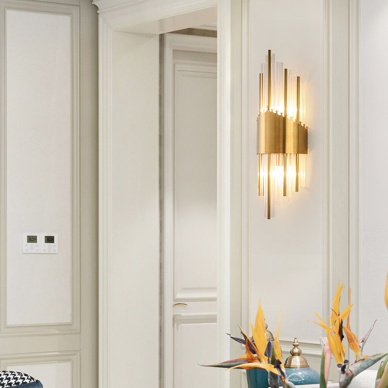 Fluted Crystal Flush Wall Sconce Postmodern Style 2-Bulb Gold Wall Lamp for Living Room