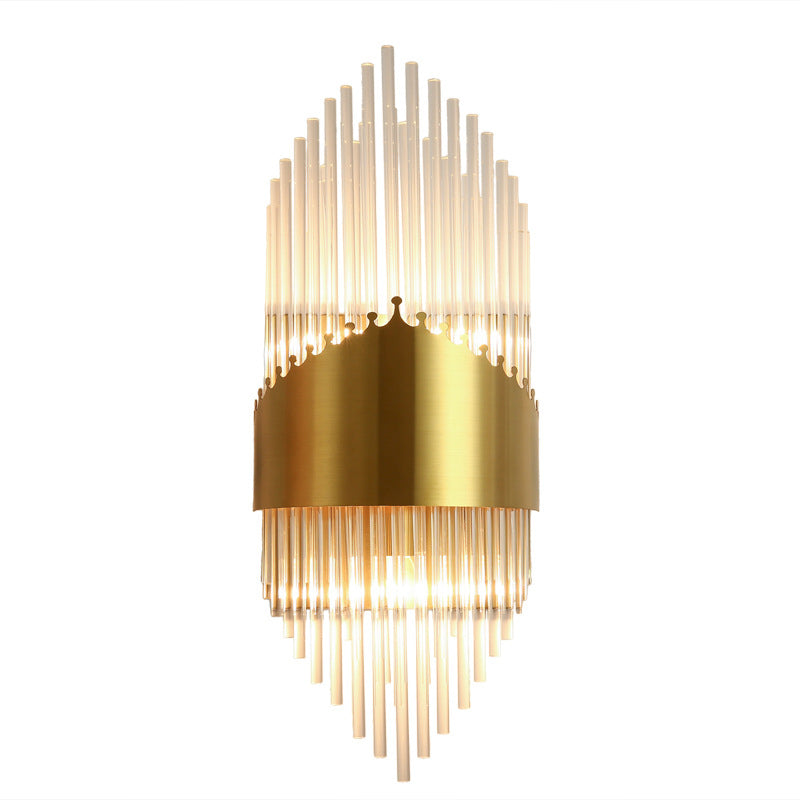 Fluted Crystal Flush Wall Sconce Postmodern Style 2-Bulb Gold Wall Lamp for Living Room