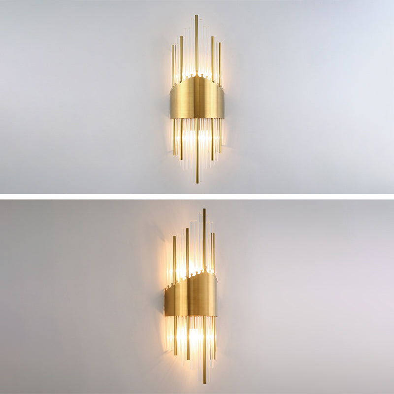 Fluted Crystal Flush Wall Sconce Postmodern Style 2-Bulb Gold Wall Lamp for Living Room