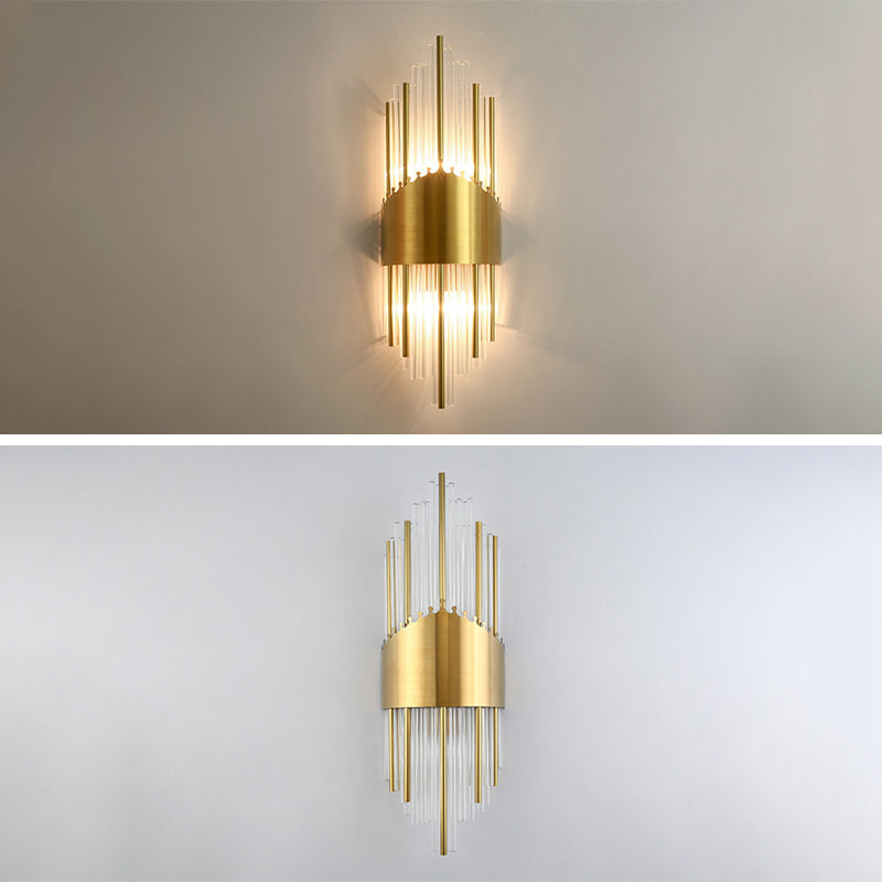 Fluted Crystal Flush Wall Sconce Postmodern Style 2-Bulb Gold Wall Lamp for Living Room