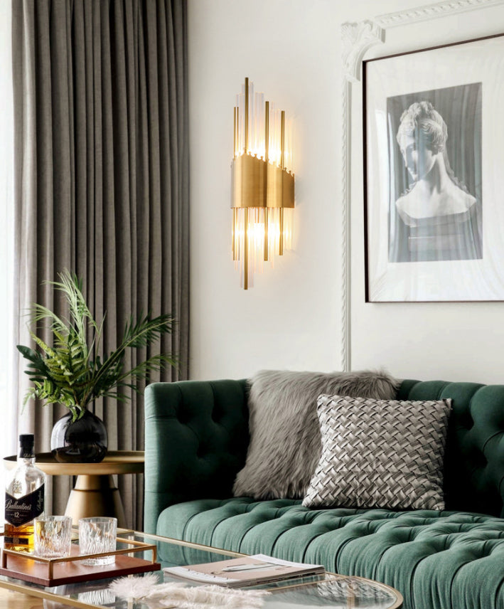 Fluted Crystal Flush Wall Sconce Postmodern Style 2-Bulb Gold Wall Lamp for Living Room