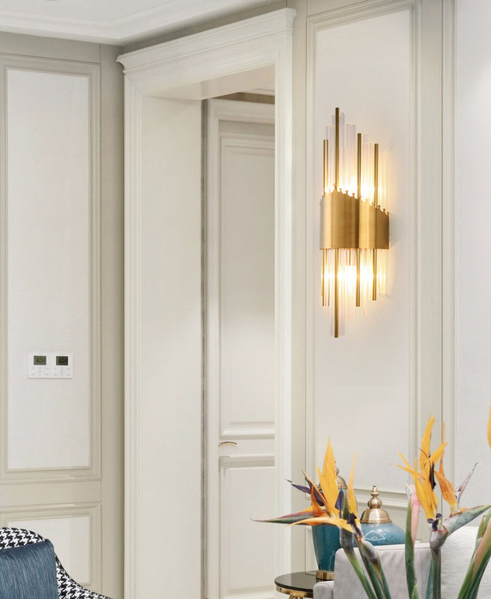 Fluted Crystal Flush Wall Sconce Postmodern Style 2-Bulb Gold Wall Lamp for Living Room